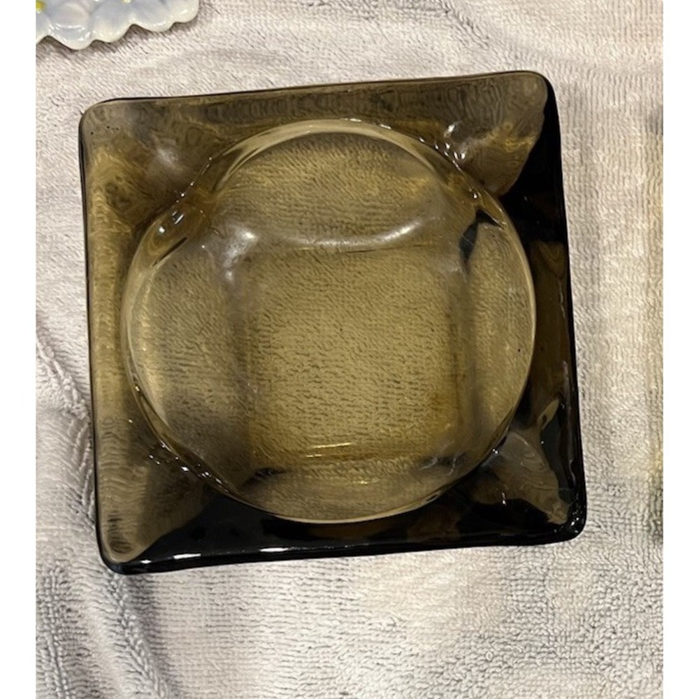 VTG Amber Square Heavy Glass Ashtray Cigar Cigarette MCM 6X6 Barware Man Cave
